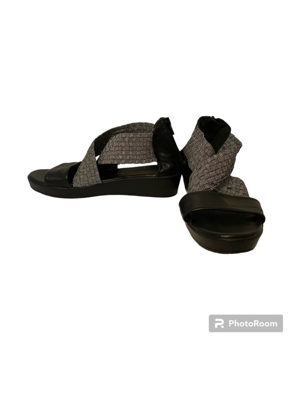 BERNIE MEV SHOES WEDGE SANDAL BLACK LEATHER SILVER WIDE STRAPS SIZE 38 7.5